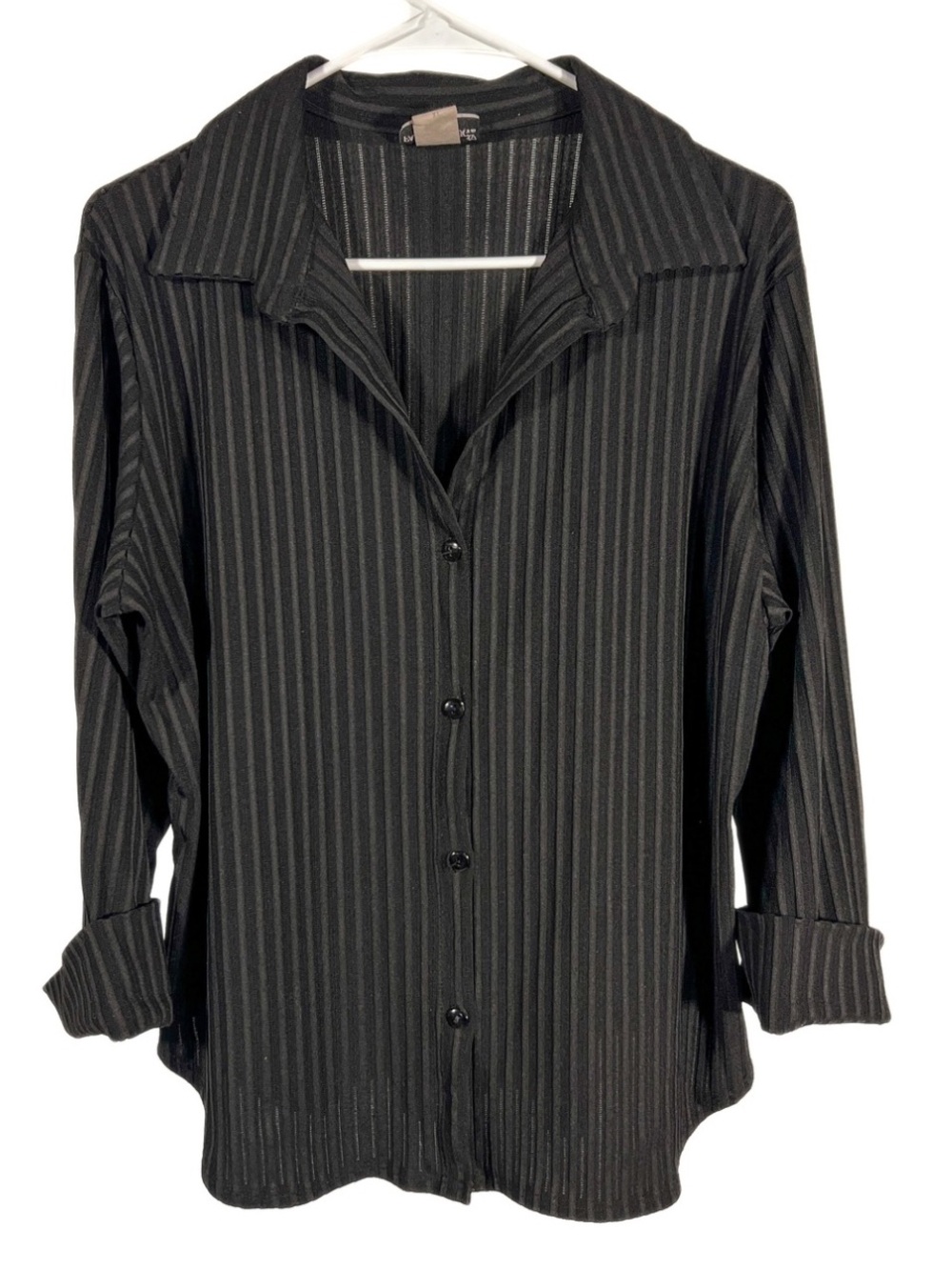 Y2K Office Siren Black Sheer Stripe Button Down Blouse Womens XL Fashion Bug